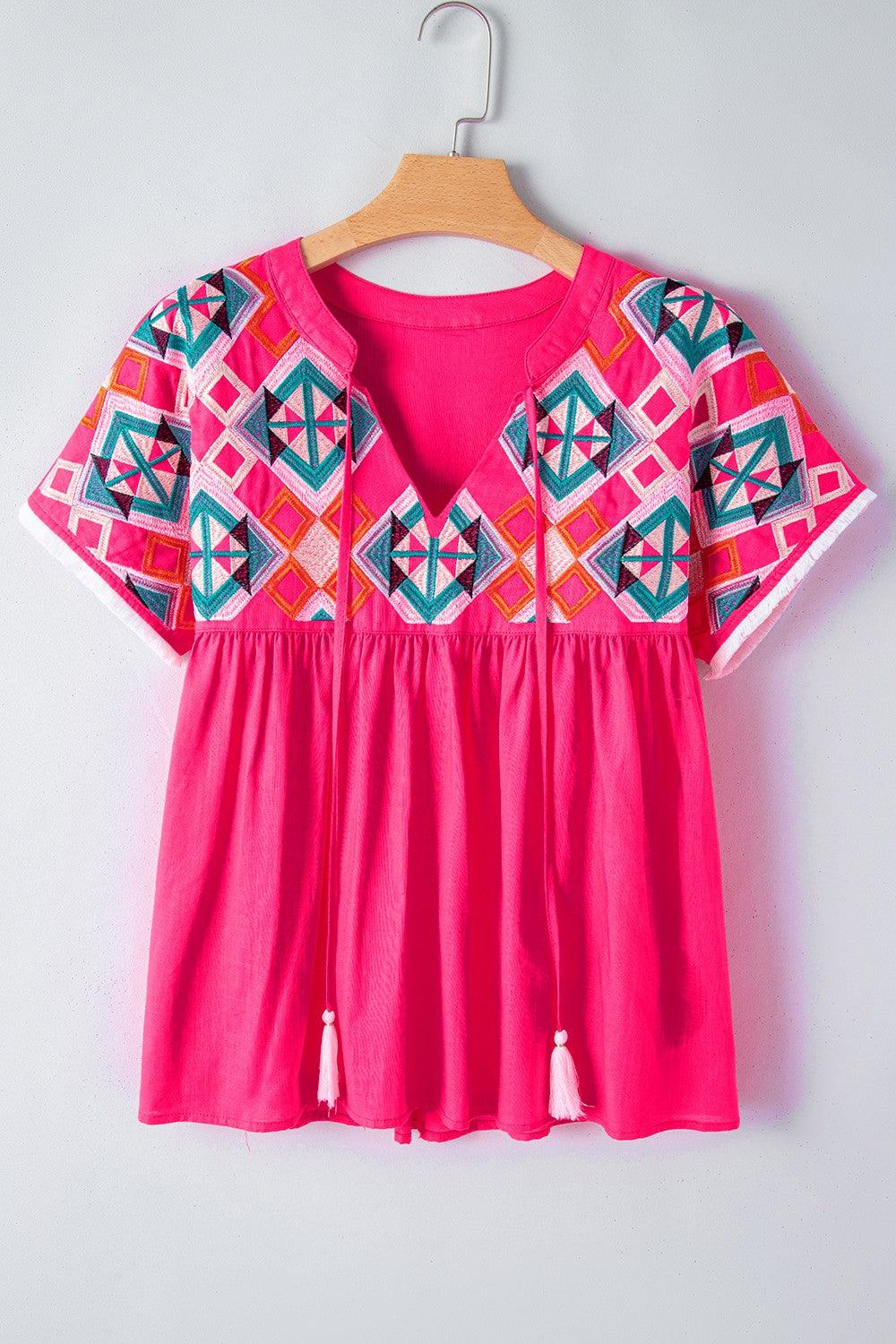 Geometric Embroidered Tassel Tie Neck Blouse