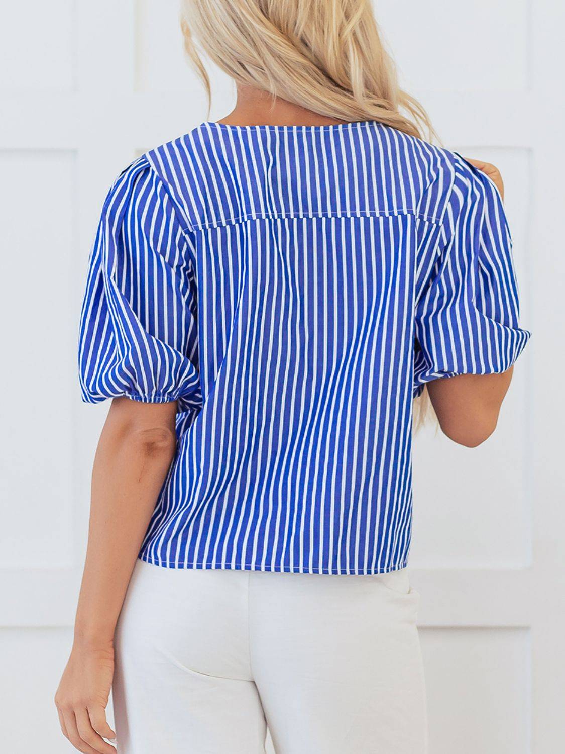 Stripe Tied Front Puff Short Sleeve Top