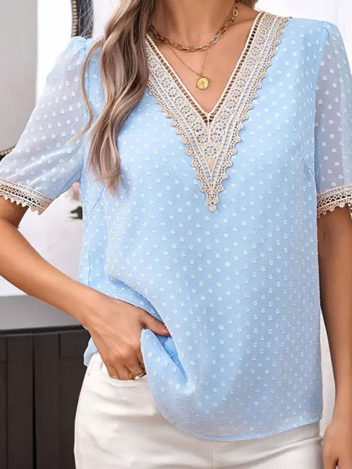 Lace Detail V-Neck Short Sleeve Blouse