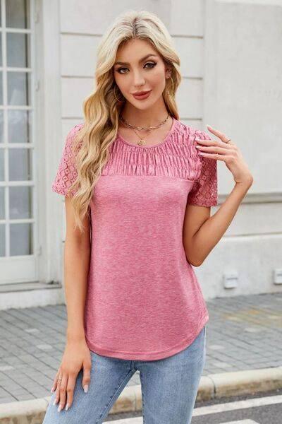 Smocked Round Neck Short Sleeve T-Shirt