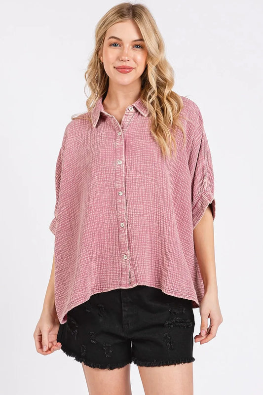 Mittoshop Mineral Wash Gauze Dolman Sleeve Button Down Shirt