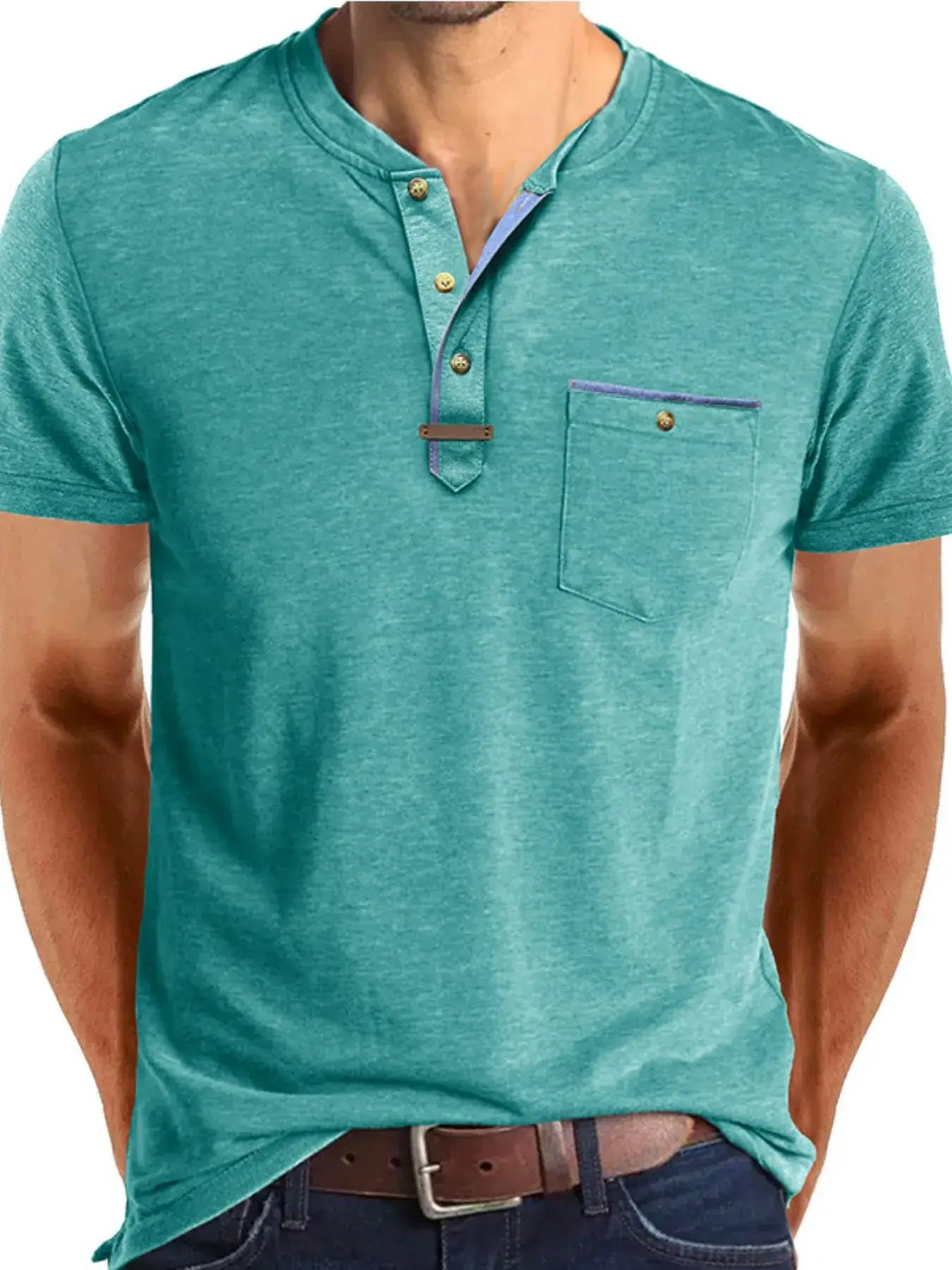 Men's Full Size Short Sleeve Henley Polo with Contrast Trim Plus Size