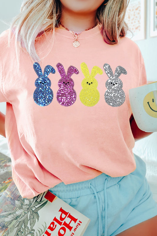 Sequin Bunny Round Neck Short Sleeve T-Shirt - Clothes For Her Online Store