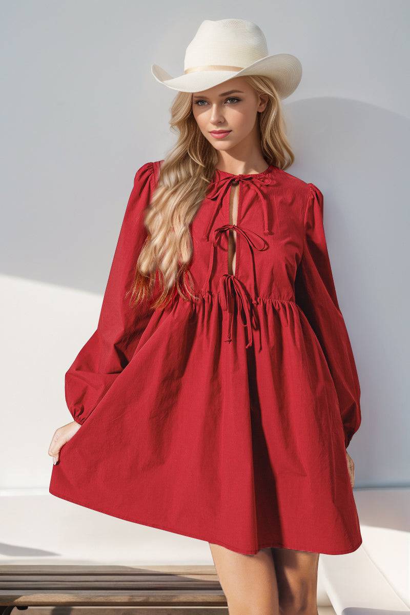 Double Take Christmas Front Tied Long Sleeve Mini Dress - Clothes For Her Online Store