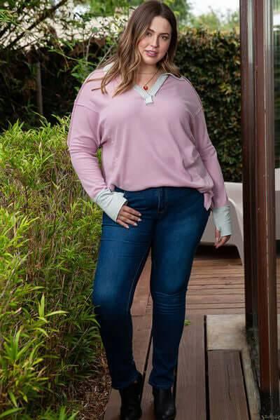 Plus Size Exposed Seam Johnny Collar Long Sleeve T-Shirt