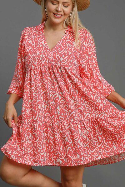 Umgee Full Size Two Tone Print Balloon Sleeve Tiered Dress Plus Size - Clothes For Her Online Store