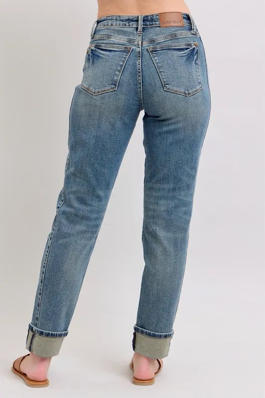 Judy Blue Full Size Mid Rise Vintage Wash Double Roll Cuff Boyfriend Jeans Plus Size