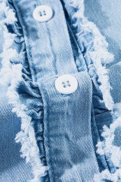 Button Down Raw Hem Ruffled Denim Shirt