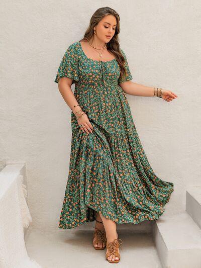 Plus Size Printed Short Sleeve Tiered Maxi Dress - Clothes For Her Online Store