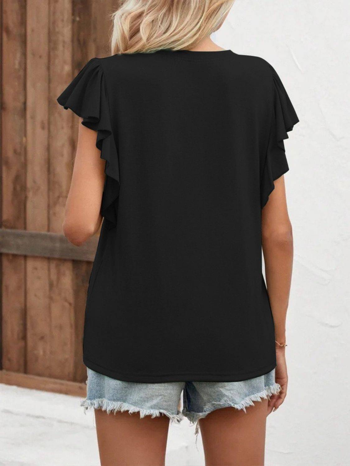 Full Size Ruffled Notched Cap Sleeve T-Shirt - Clothes For Her Online Store