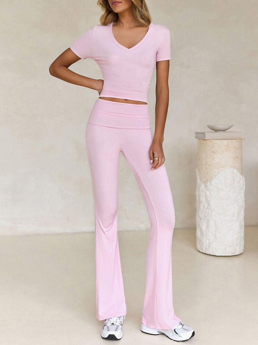 Devine V-Neck Top and Bootcut Leggings Set - Clothes For Her Online Store