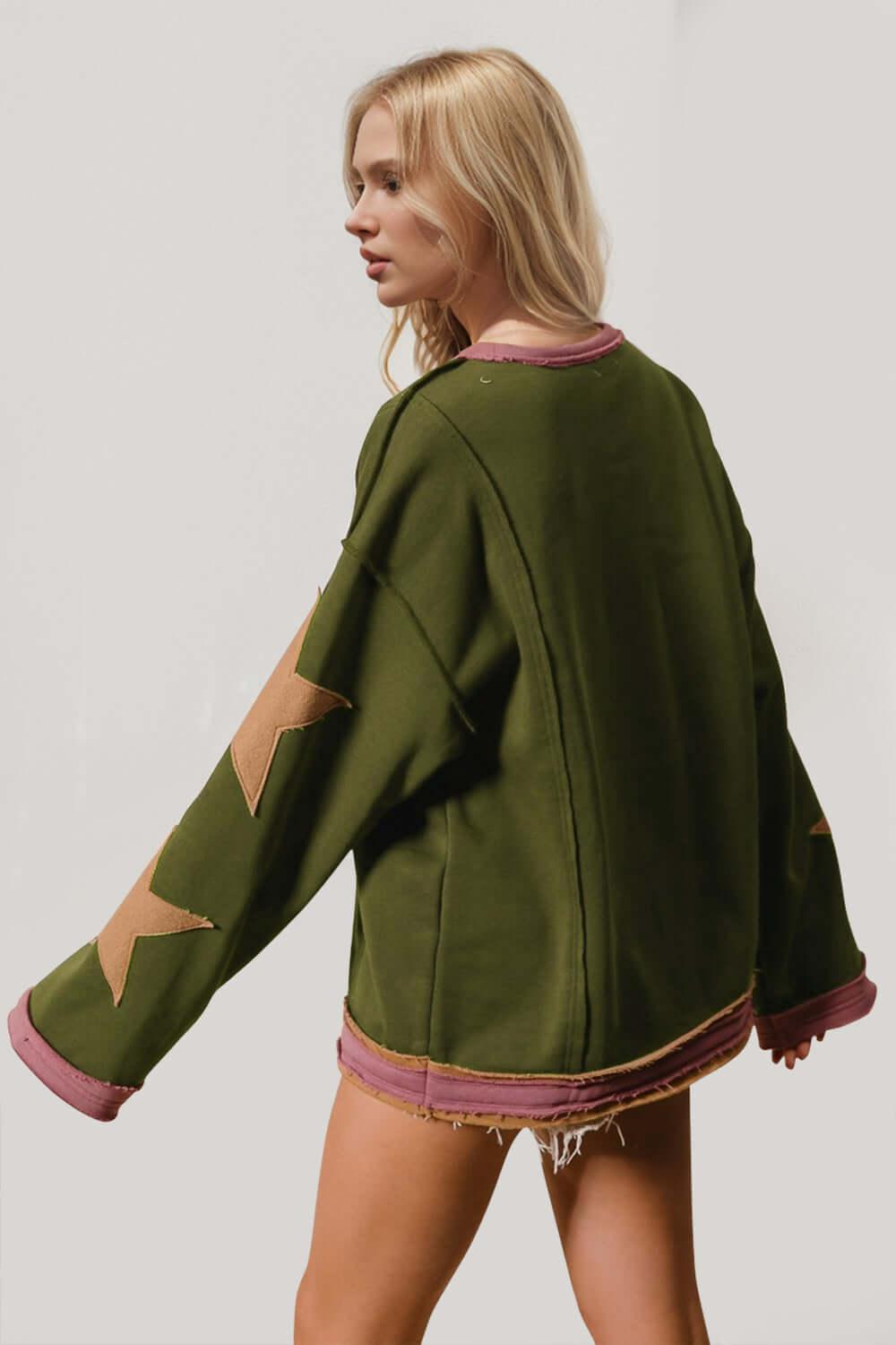 Double Take Star Patched Long Sleeve Sweatshirt - Clothes For Her Online Store