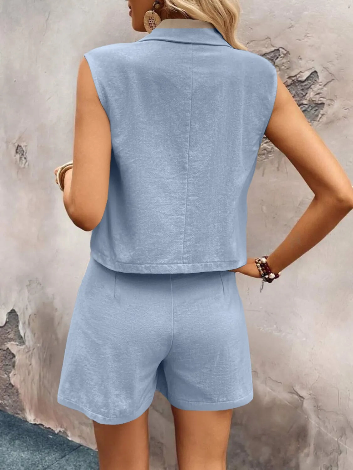 One Button Sleeveless Top and Shorts Set - Clothes For Her Online Store