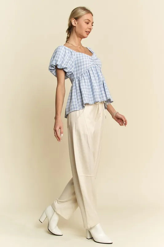 Davi & Dani Plaid Puff Sleeves Ruffled Smocked Blouse