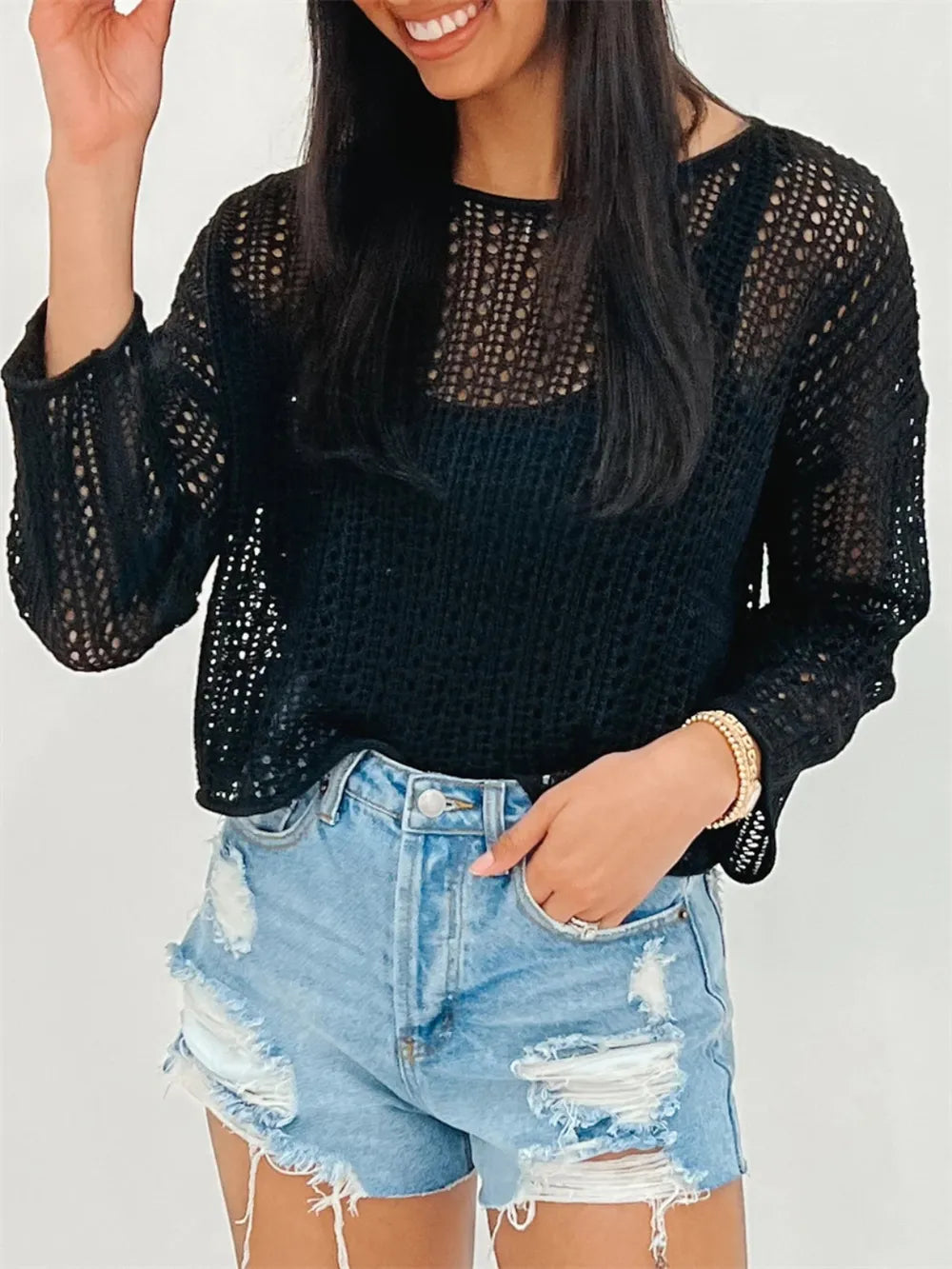 Openwork Long Sleeve Knit Cover Up