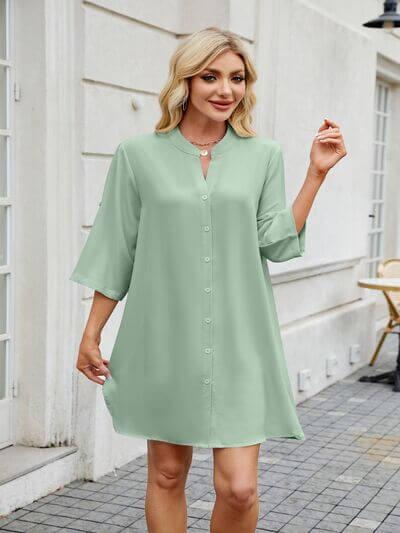 Notched Long Sleeve Mini Shirt Dress