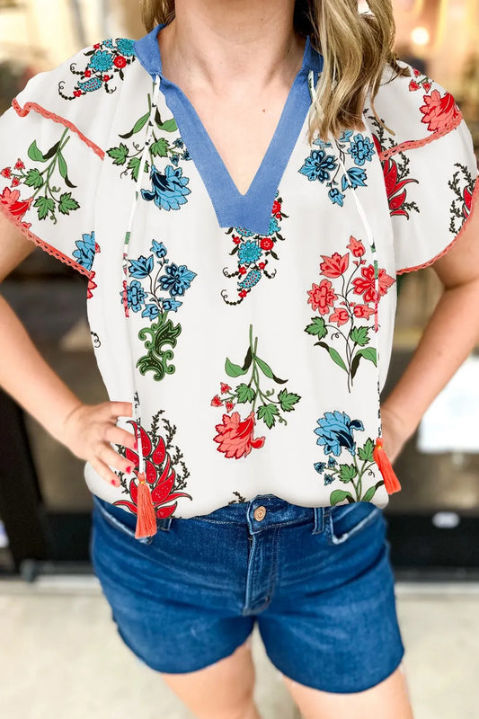 Floral Print Contrast Tassel Tie Short Sleeve Blouse