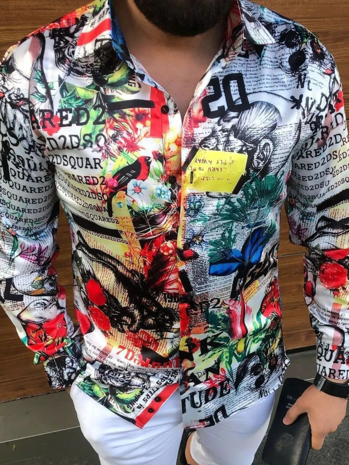 Men's Full Size Printed Collared Neck Long Sleeve Shirt Plus Size