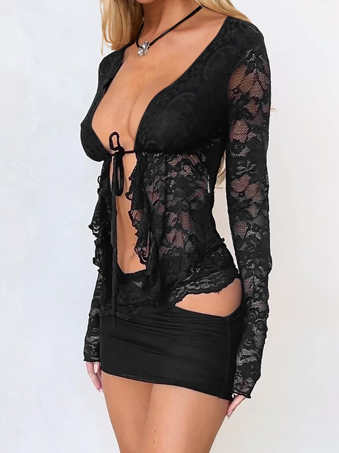 Devine Tied Front Ruffled Long Sleeve Lace Shirt