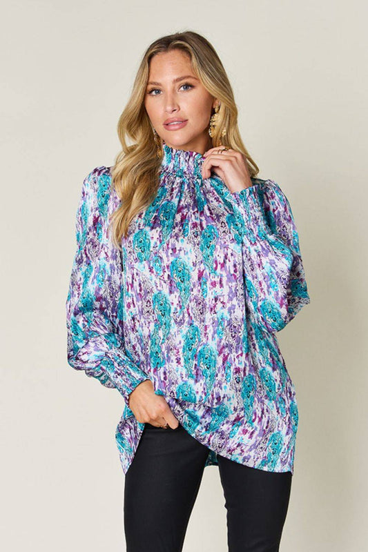 Double Take Full Size Printed Smocked Long Sleeve Blouse - Clothes For Her Online Store