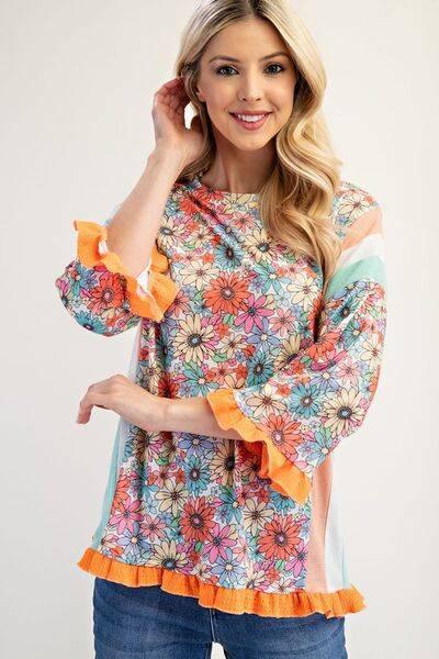 Celeste Full Size Ruffle Sleeve Floral Color Block Top Plus Size