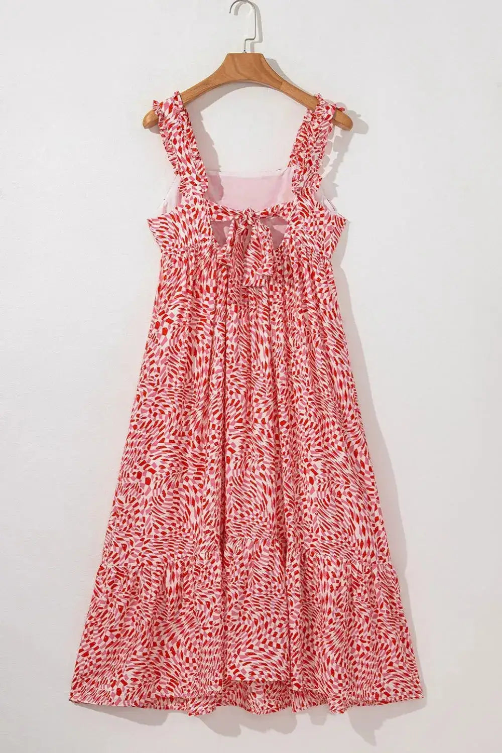 Geometric Print Knot Back Sleeveless Ruffle Hem Dress