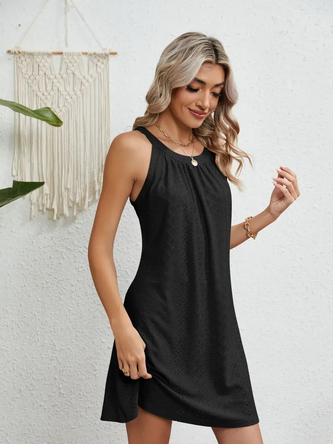 Eyelet Round Neck Sleeveless Dress