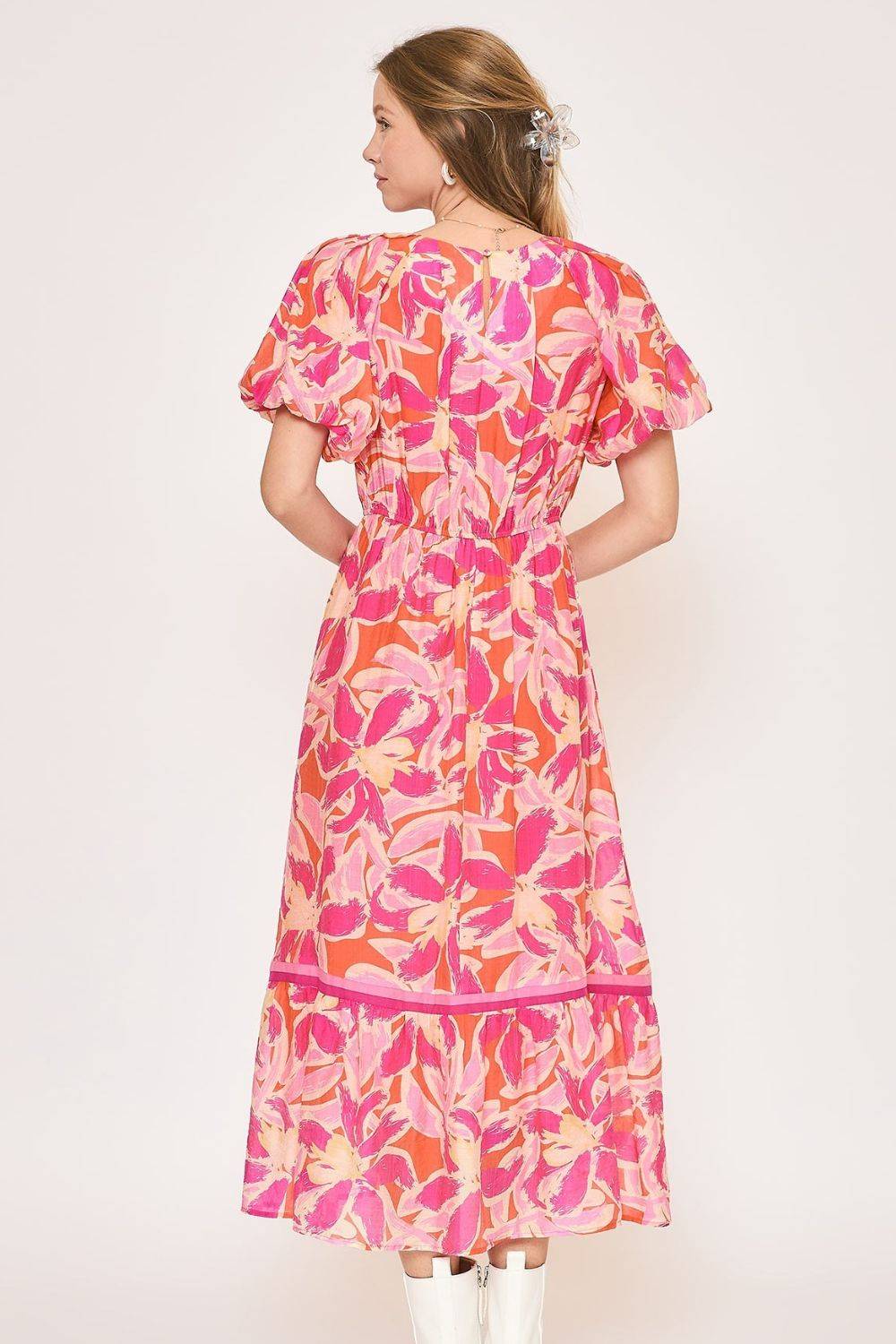 Umgee Floral Notched Puff Sleeve Midi Dress - Clothes For Her Online Store