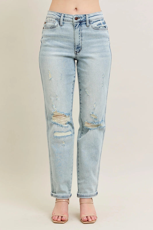 Judy Blue Full Size Mr Repair Stitch Detail Destroy Single Cuff Bf Jeans Plus Size - Clothes For Her Online Store