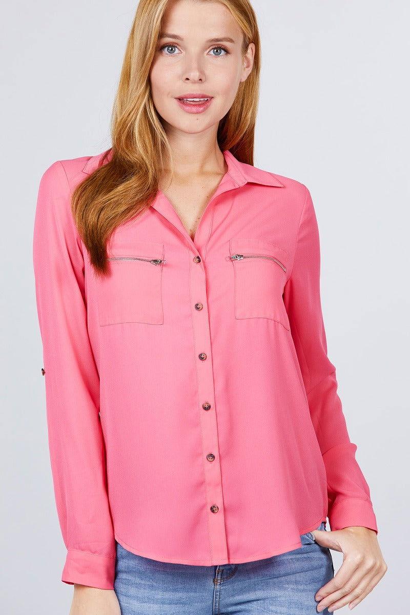 3/4 Roll Up Sleeve Pocket W/zipper Detail Woven Blouse - Clothes For Her Online Store