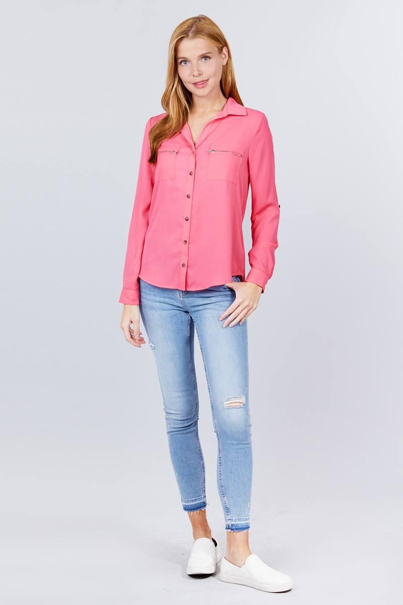 3/4 Roll Up Sleeve Pocket W/zipper Detail Woven Blouse - Clothes For Her Online Store