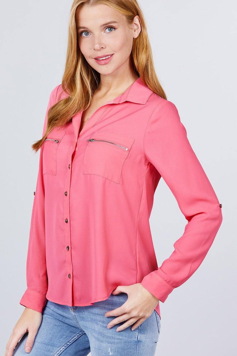 3/4 Roll Up Sleeve Pocket W/zipper Detail Woven Blouse - Clothes For Her Online Store