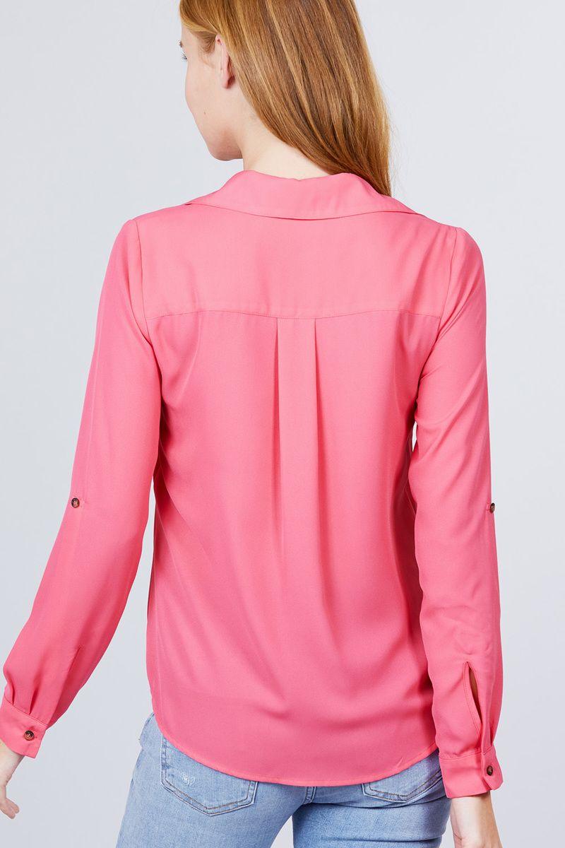 3/4 Roll Up Sleeve Pocket W/zipper Detail Woven Blouse - Clothes For Her Online Store