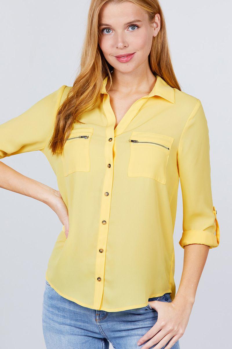3/4 Roll Up Sleeve Pocket W/zipper Detail Woven Blouse - Clothes For Her Online Store