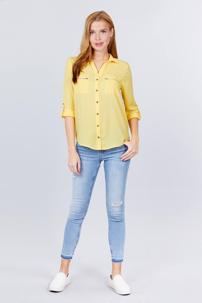 3/4 Roll Up Sleeve Pocket W/zipper Detail Woven Blouse - Clothes For Her Online Store