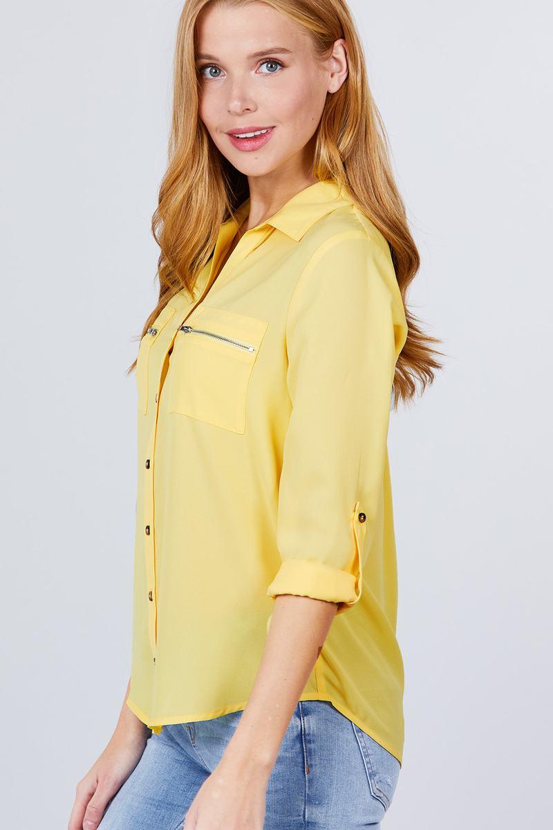3/4 Roll Up Sleeve Pocket W/zipper Detail Woven Blouse - Clothes For Her Online Store