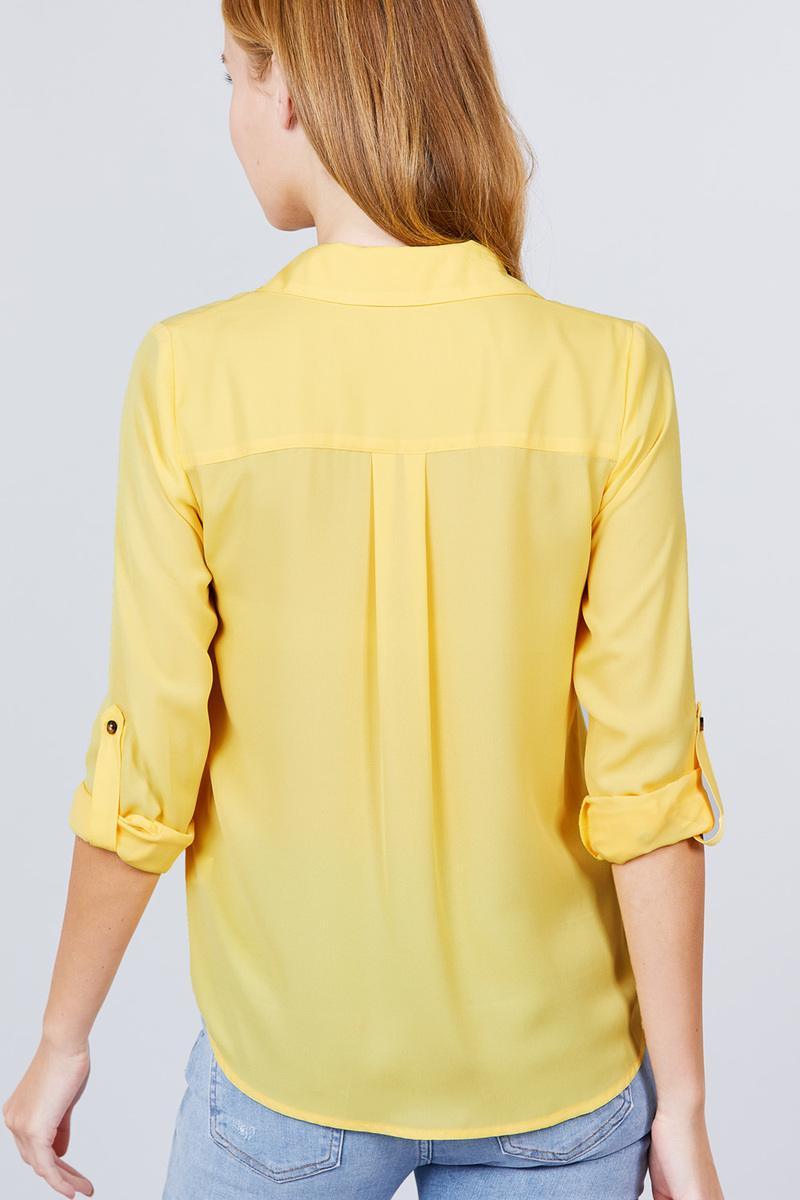 3/4 Roll Up Sleeve Pocket W/zipper Detail Woven Blouse - Clothes For Her Online Store