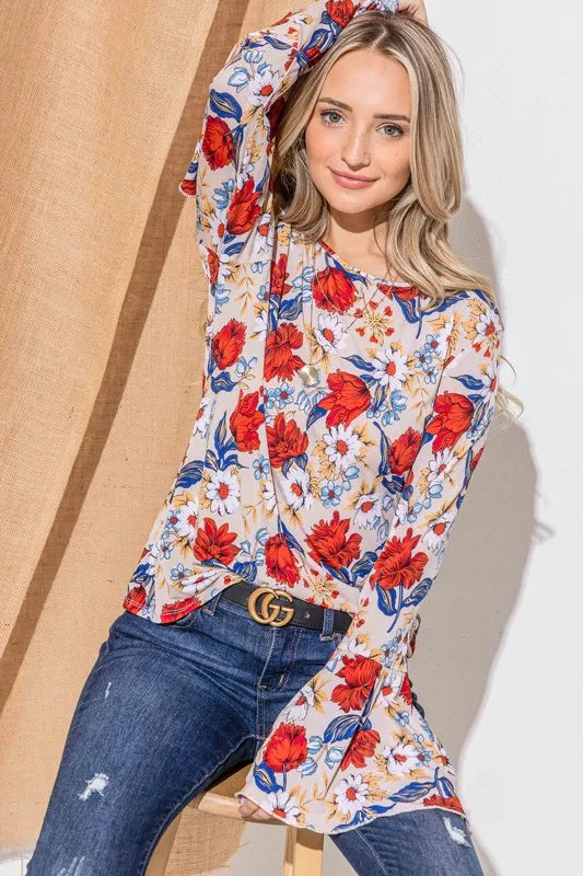 And The Why Floral Printed Bell Sleeve Casual Top