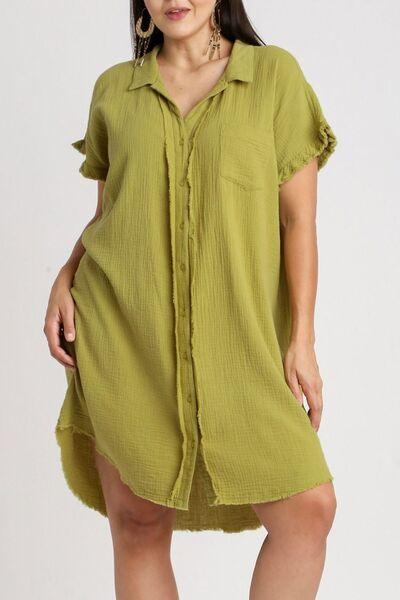 Umgee Full Size Raw Hem Button Down Short Sleeve Gauze Shirt Dress Plus Size