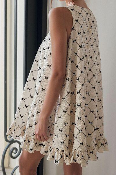 Ruffled Hem Bow Print Sleeveless Mini Dress - Clothes For Her Online Store