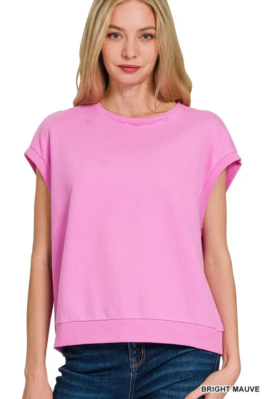 Zenana French Terry Round Neck Cap Sleeve T-Shirt