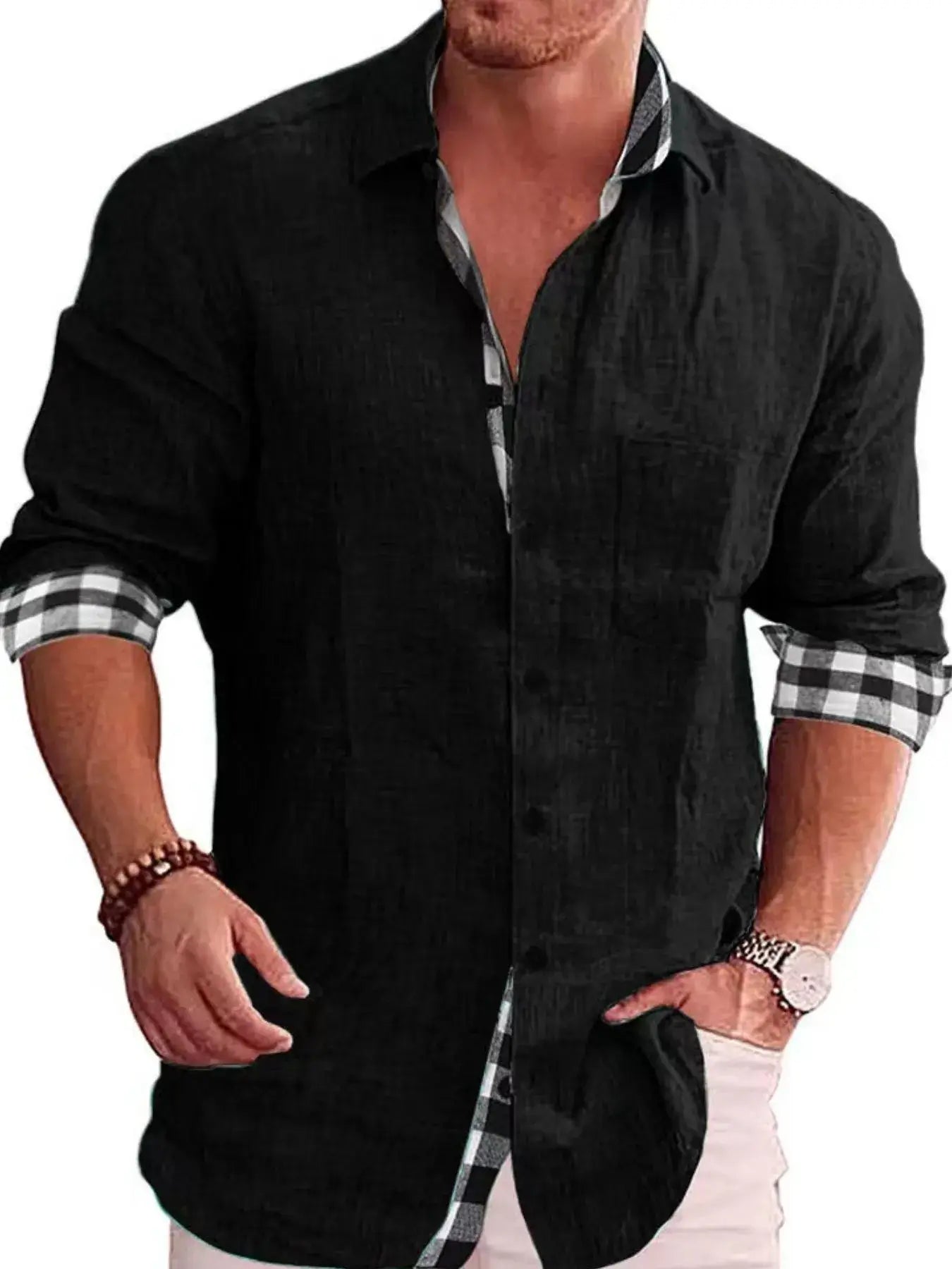 Men's Full Size Casual Linen Plaid-Trim Button Down Shirt Plus Size