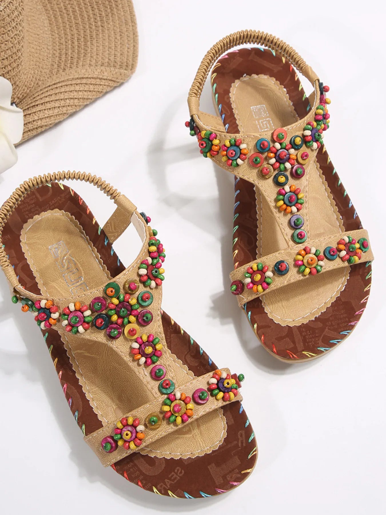 Beaded T-Strap Flat Sandals
