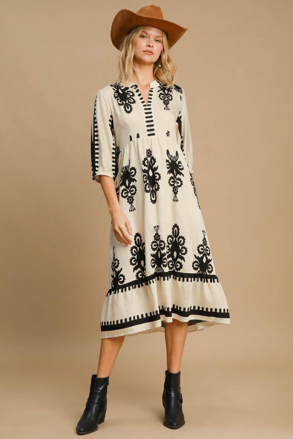 Umgee Printed Notched Midi Dress - Clothes For Her Online Store