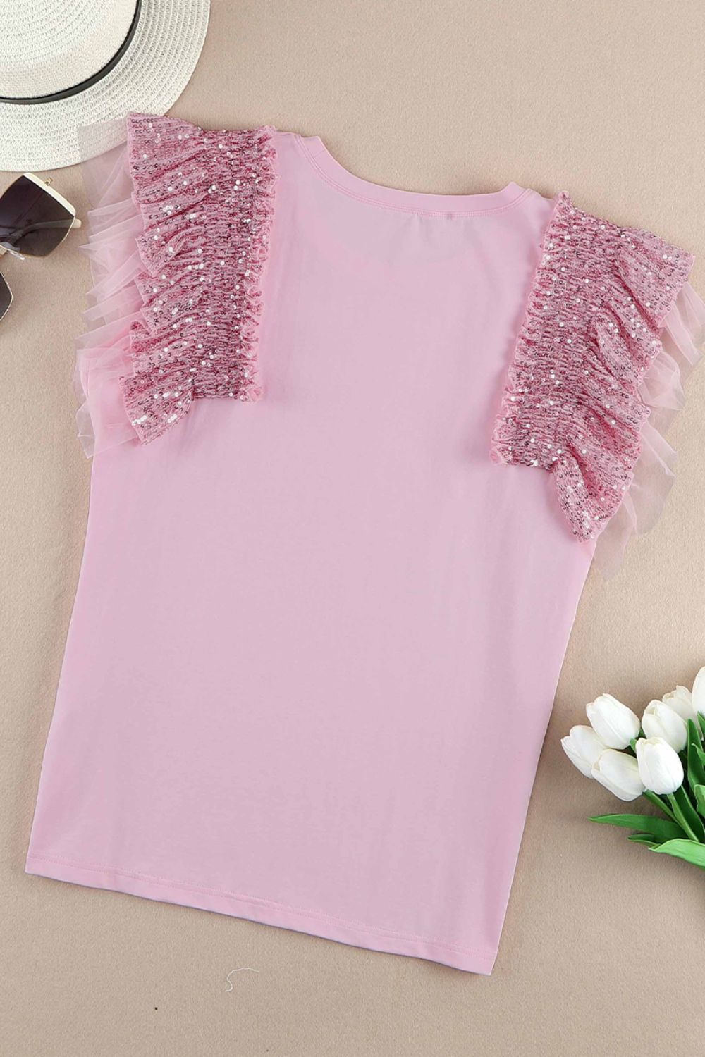 Sequined Ruffle Mesh Sleeves Top