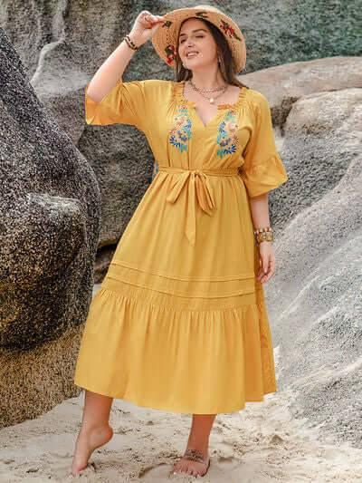 Plus Size Notched Tie Waist Half Sleeve Midi Dress - Clothes For Her Online Store