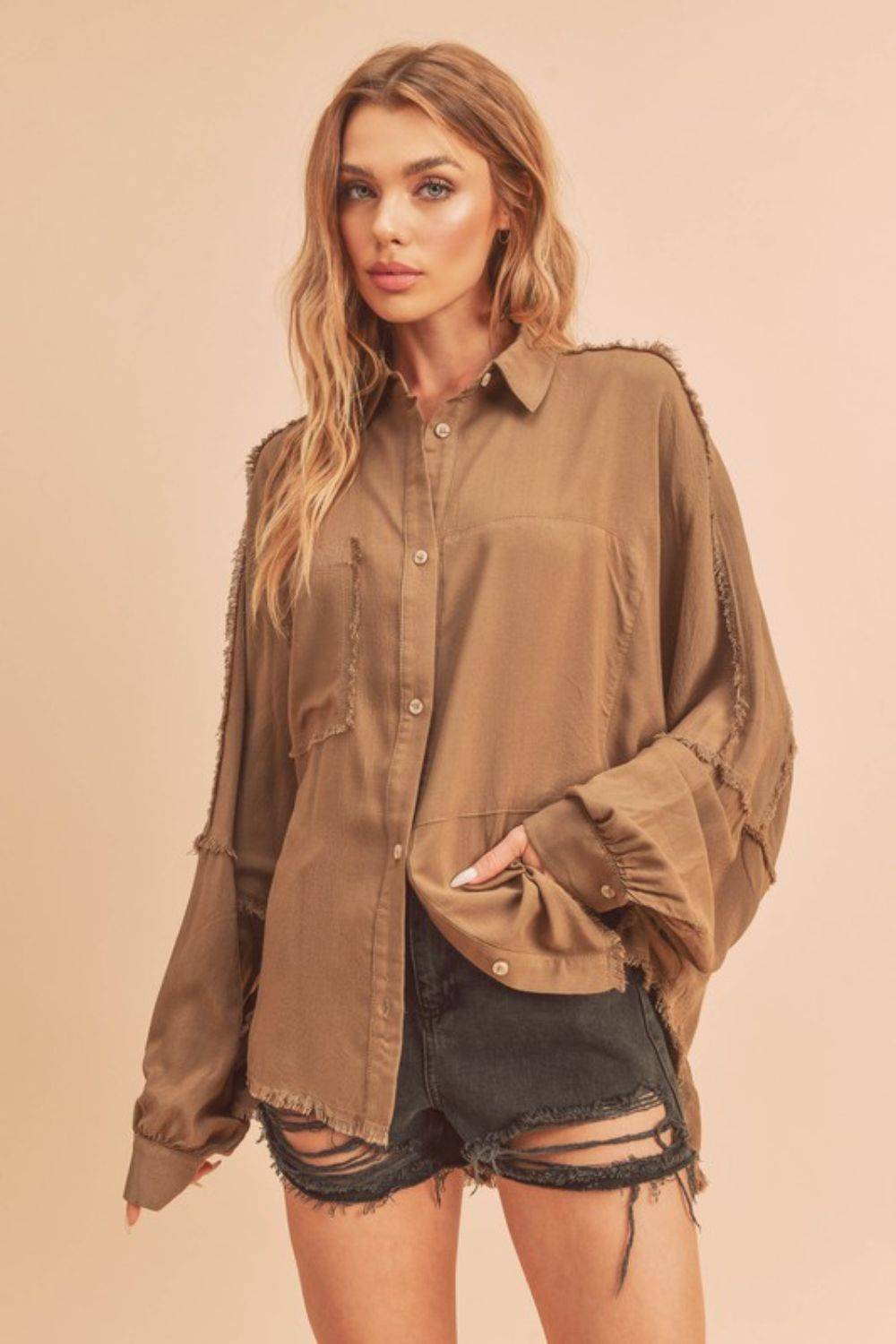 Aemi + Co Raw Edge Exposed Seam Collared Neck Long Sleeve Shirt - Clothes For Her Online Store