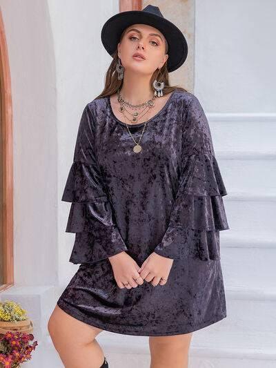 Plus Size Round Neck Flounce Sleeve Mini Dress - Clothes For Her Online Store