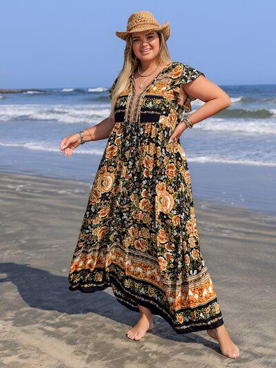 Plus Size Printed V-Neck Ruffle Cap Sleeve Maxi Dress