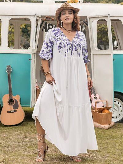 Plus Size Printed Tie Neck Half Sleeve Maxi Dress